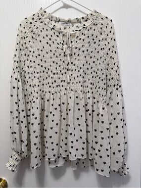 Rose & Olive Heart Print Smocked Peasant Blouse White Black Size Medium